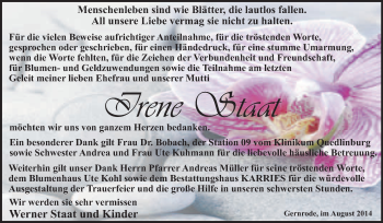 Traueranzeige von Irene Staat von WVG - Wochenspiegel Quedlinburg