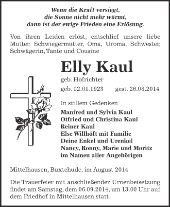 Traueranzeige von Elly Kaul von Super Sonntag SGH Mansf. Land