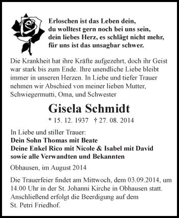 Traueranzeige von Gisela Schmidt von Super Sonntag Zeitz