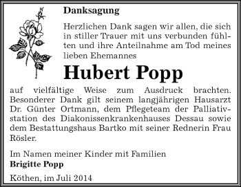 Traueranzeige von Hubert Popp von WVG - Wochenspiegel Dessau / Köthen