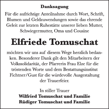 Traueranzeige von Elfriede Tomuschat von Super Sonntag Dessau / Köthen