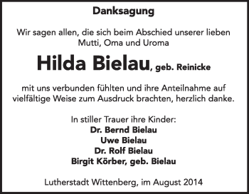 Traueranzeige von Hilda Bielau von WVG - Wochenspiegel Wittenberg