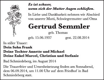 Traueranzeige von Gertrud Semmler von WVG - Wochenspiegel Wittenberg