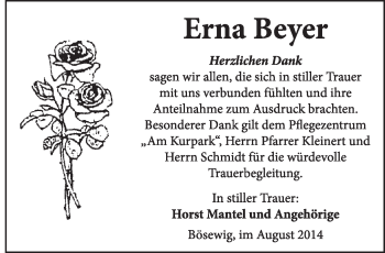 Traueranzeige von Erna Beyer von WVG - Wochenspiegel Wittenberg