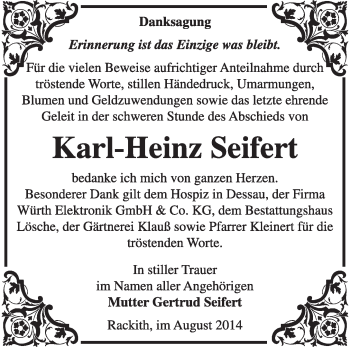 Traueranzeige von Karl-Heinz Seifert von Super Sonntag Wittenberg