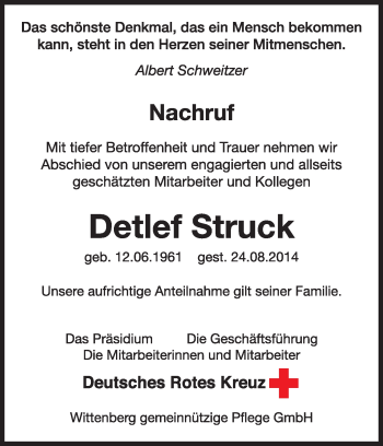 Traueranzeige von Detlef Struck von Super Sonntag Wittenberg