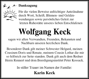 Traueranzeige von Wolfgang Keck von Super Sonntag Dessau / Köthen