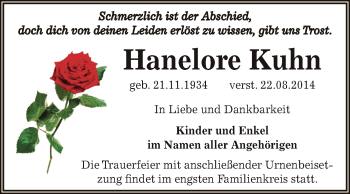 Traueranzeige von Hannelore Kuhn von Super Sonntag Zeitz