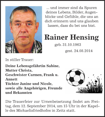 Traueranzeige von Rainer Hensing von Super Sonntag Zeitz
