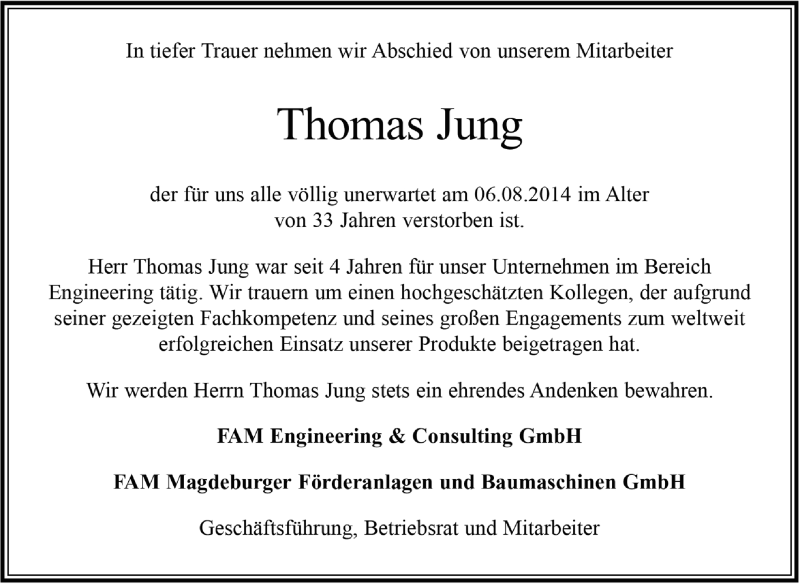  Traueranzeige für Thomas Jung vom 17.08.2014 aus Super Sonntag Dessau / Köthen