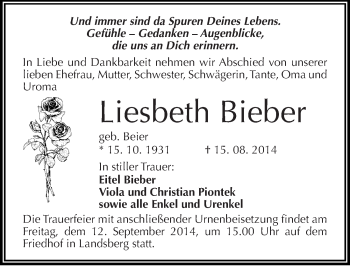 Traueranzeige von Liesbeth Bieber von Mitteldeutsche Zeitung Halle/Saalkreis