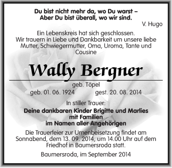 Traueranzeige von Wally Bergner von Mitteldeutsche Zeitung
