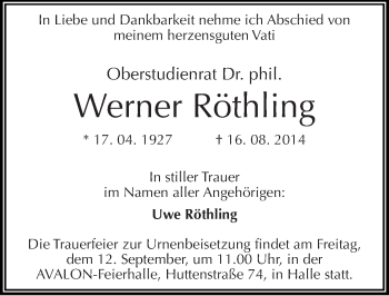 Traueranzeige von Werner Röthling von Mitteldeutsche Zeitung Halle/Saalkreis