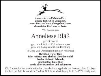 Traueranzeige von Anneliese Blaß von Mitteldeutsche Zeitung Bernburg