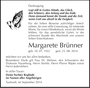 Traueranzeige von Margarete Brünner von Mitteldeutsche Zeitung Naumburg/Nebra