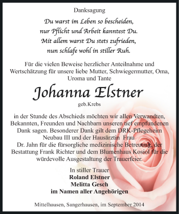 Traueranzeige von Johanna Elstner von Mitteldeutsche Zeitung Sangerhausen