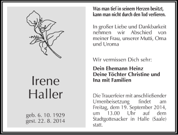 Traueranzeige von Irene Haller von Mitteldeutsche Zeitung Halle/Saalkreis