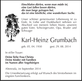 Traueranzeige von Karl-Heinz Grumbach von Mitteldeutsche Zeitung Naumburg/Nebra