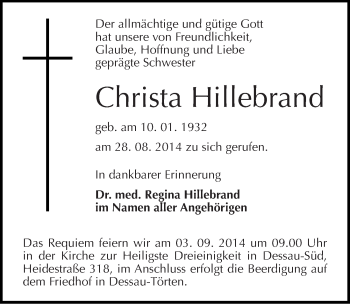 Traueranzeige von Christa Hillebarnd von Mitteldeutsche Zeitung Dessau-Roßlau