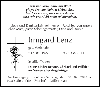 Traueranzeige von Irmgard Lenz von Mitteldeutsche Zeitung Halle/Saalkreis