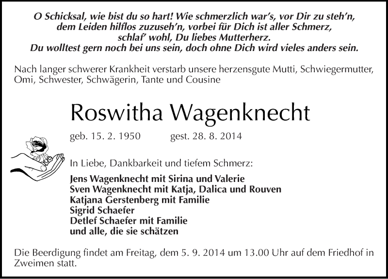  Traueranzeige für Roswitha Wagenknecht vom 02.09.2014 aus Mitteldeutsche Zeitung Merseburg/Querfurt