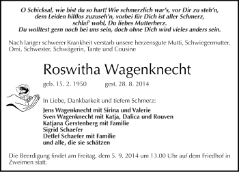 Traueranzeige von Roswitha Wagenknecht von Mitteldeutsche Zeitung Merseburg/Querfurt