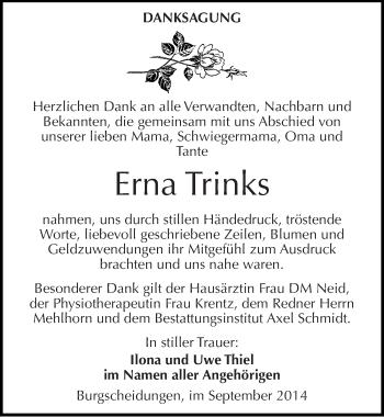 Traueranzeige von Erna Trinks von Mitteldeutsche Zeitung Naumburg/Nebra