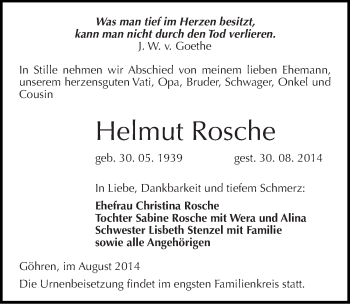Traueranzeige von Helmut Rosche von Mitteldeutsche Zeitung Merseburg/Querfurt