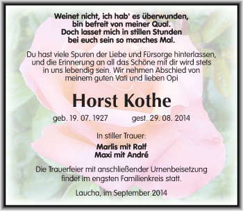 Traueranzeige von Horst Kothe von Mitteldeutsche Zeitung Naumburg/Nebra
