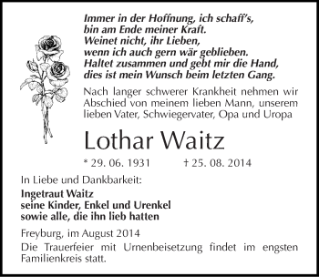 Traueranzeige von Lothar Waitz von Mitteldeutsche Zeitung Naumburg/Nebra