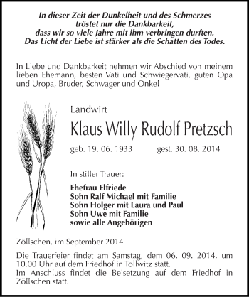 Traueranzeige von Klaus Willy Rudolf Pretzsch von Mitteldeutsche Zeitung Merseburg/Querfurt