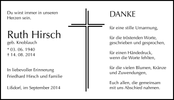Traueranzeige von Ruth Hirsch von Mitteldeutsche Zeitung Naumburg/Nebra