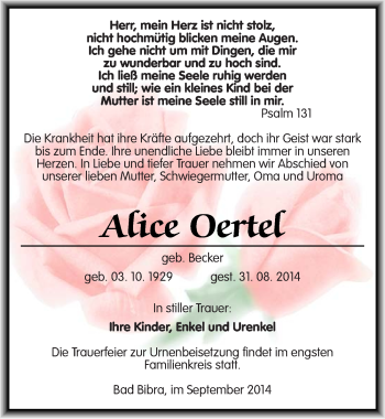 Traueranzeige von Alice Oertel von Mitteldeutsche Zeitung Naumburg/Nebra