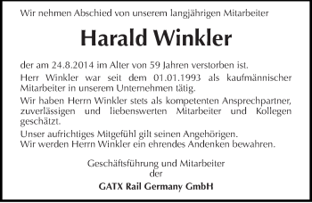 Traueranzeige von Harald Winkler von Mitteldeutsche Zeitung Dessau-Roßlau