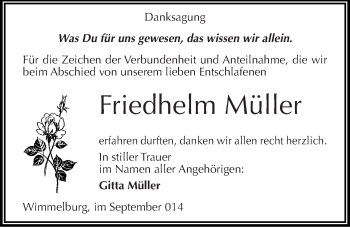 Traueranzeige von Friedhelm Müller von Mitteldeutsche Zeitung Mansfelder Land