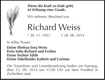 Traueranzeige von Richard Weiss von Mitteldeutsche Zeitung Halle/Saalkreis