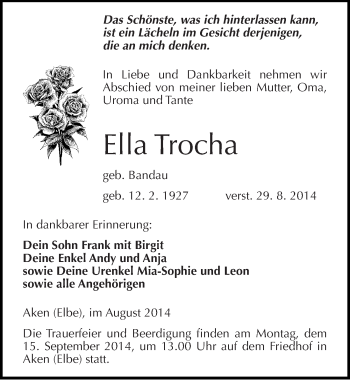 Traueranzeige von Ella Trocha von Mitteldeutsche Zeitung Köthen