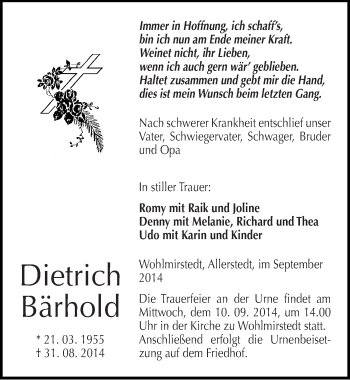 Traueranzeige von Dietrich Bärhold von Mitteldeutsche Zeitung Naumburg/Nebra