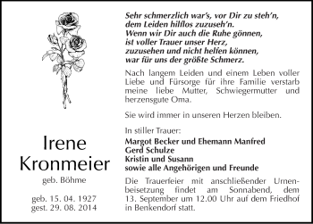 Traueranzeige von Irene Kronmeier von Mitteldeutsche Zeitung Halle/Saalkreis