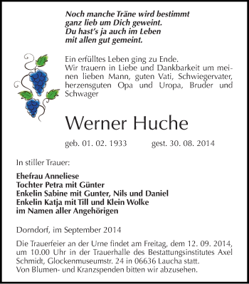 Traueranzeige von Werner Huche von Mitteldeutsche Zeitung Naumburg/Nebra