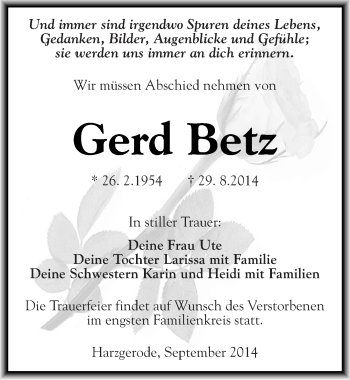 Traueranzeige von Gerd Betz von Mitteldeutsche Zeitung Quedlinburg