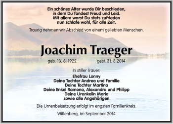 Traueranzeige von Joachim Traeger von Mitteldeutsche Zeitung Wittenberg