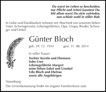 Traueranzeige von Günter Bloch von Mitteldeutsche Zeitung Naumburg/Nebra