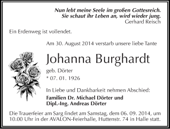 Traueranzeige von Johanna Burghardt von Mitteldeutsche Zeitung Halle/Saalkreis