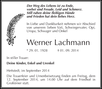 Traueranzeige von Werner Lachmann von Mitteldeutsche Zeitung Mansfelder Land