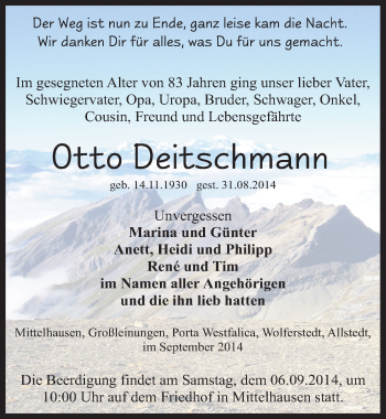 Traueranzeige von Otto Deitschmann von Mitteldeutsche Zeitung Sangerhausen