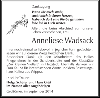 Traueranzeige von Anneliese Wadsack von Mitteldeutsche Zeitung Mansfelder Land