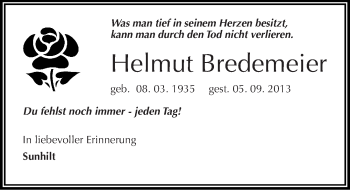 Traueranzeige von Helmut Bredemeier von Mitteldeutsche Zeitung Mansfelder Land
