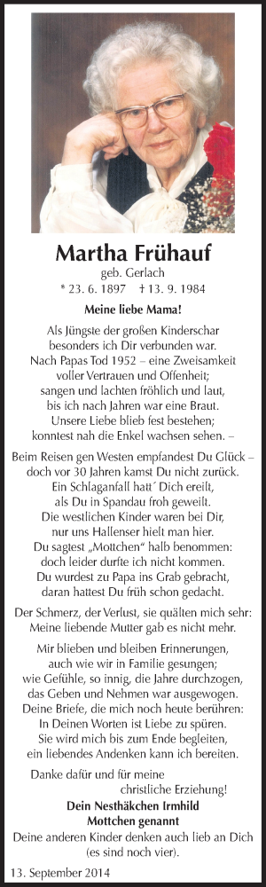 Traueranzeige von Martha Frühauf von Mitteldeutsche Zeitung Halle/Saalkreis