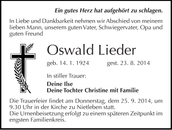 Traueranzeige von Oswald Lieder von Mitteldeutsche Zeitung Halle/Saalkreis